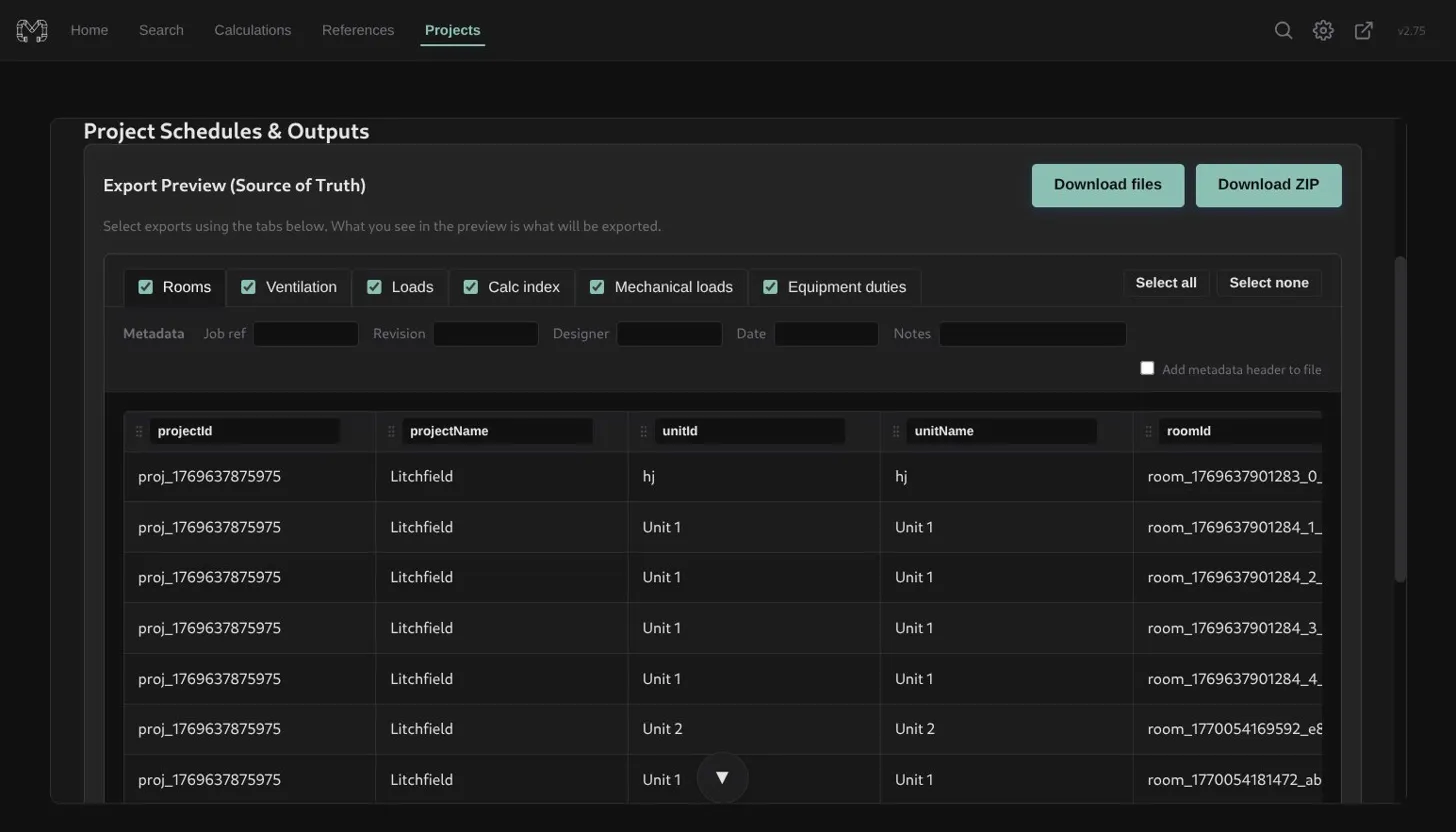 MEP Desk export preview with selectable calculation categories