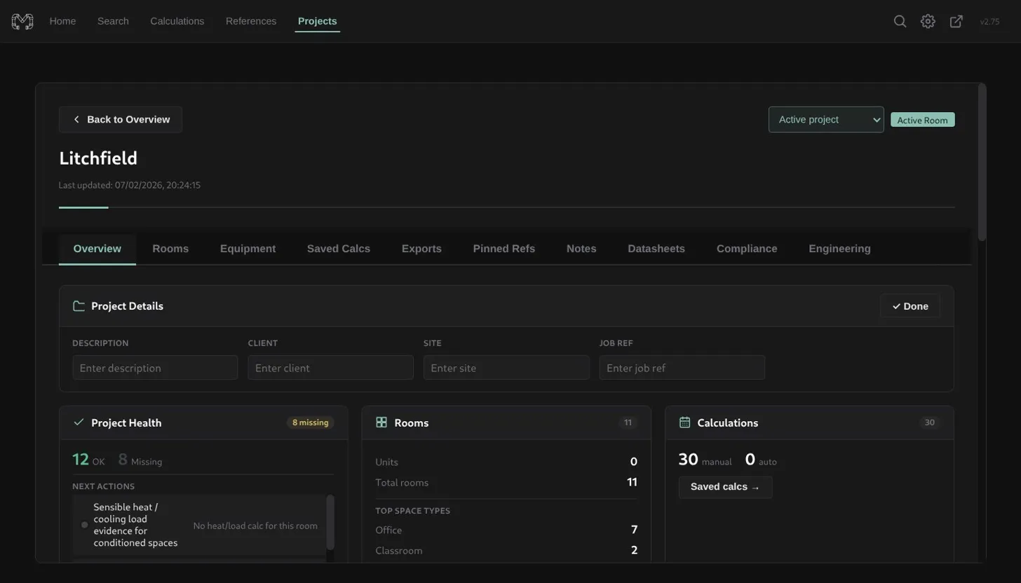 MEP Desk project overview with rooms, health status, and calculations